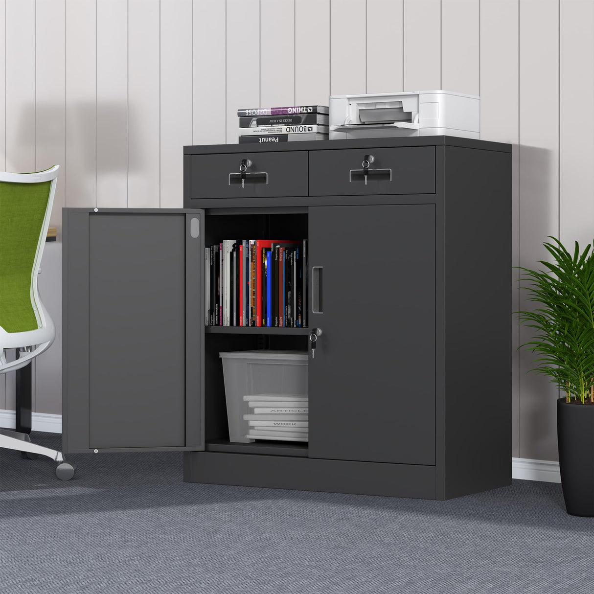 JINKUR Metal Storage Cabinet with Locking Doors and Adjustable Shelf, Lockable Storage Cabinets with Drawers for Home Office Garage Kitchen Pantry (Black) JINKUR