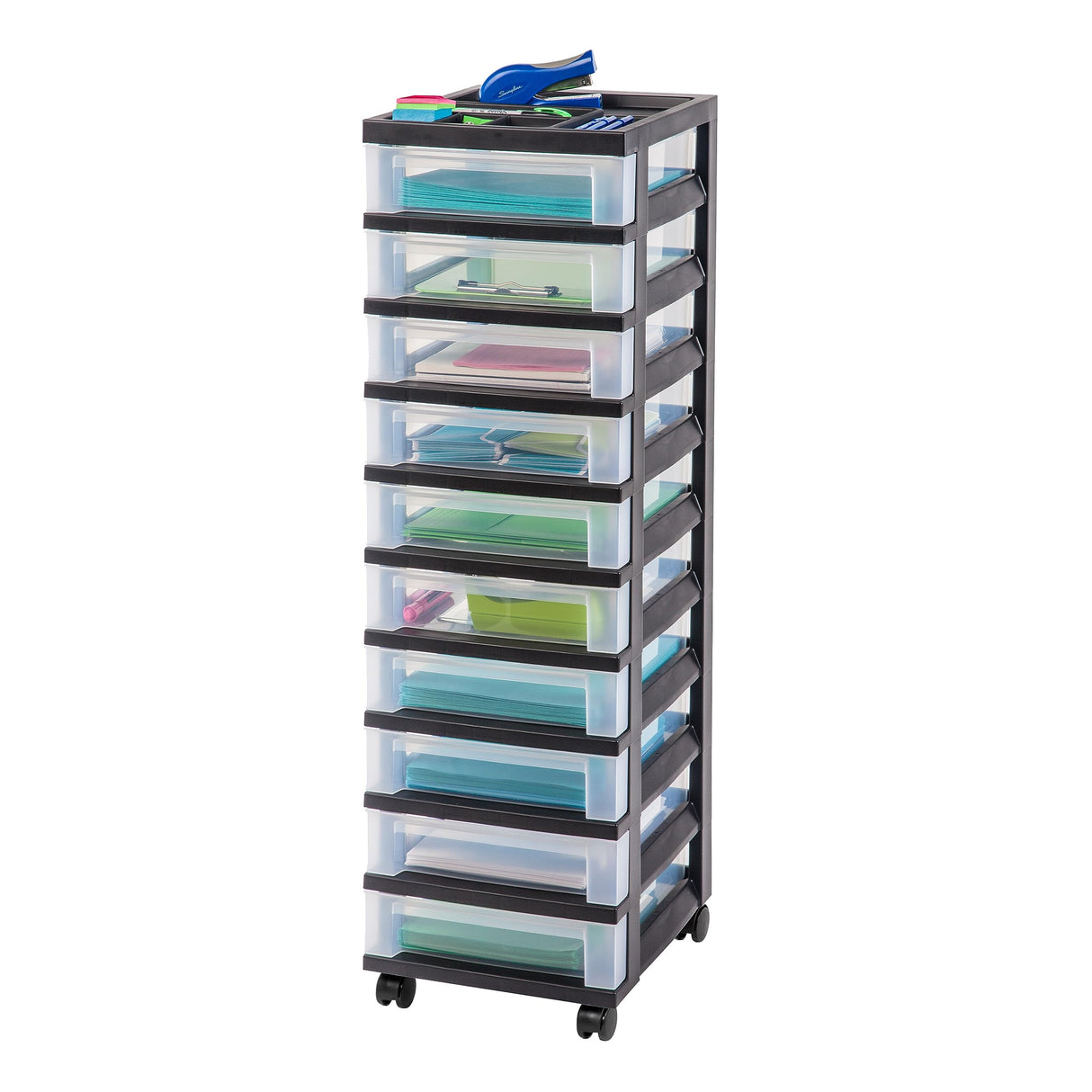 IRIS USA Plastic Drawer Storage Organizer Rolling Cart with Wheels Casters 10-Drawers for Classroom Art Craft Supplies Dresser Closet Bathroom Dorm Bedroom Laundry Room Black/Clear IRIS