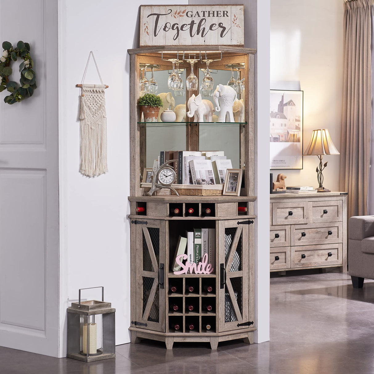 OKD Corner Bar Storage Cabinet, 72" Tall Farmhouse Wine Bar Cabinet w/Barn Door & Adjustable Shelf, Home Bar Cabinet w/LED Light & Glass Rack for Dining Room, Living Room, Kitchen, Light Rustic Oak OKD