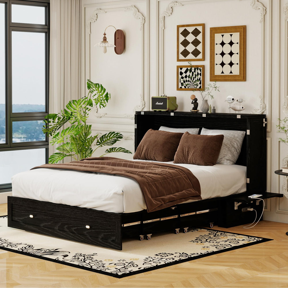 GraceGrove Queen Size Murphy Bed:Wood Queen Murphy Bed Cabinet with Large Storage Drawer,Optimize Sleeping Space(Mattress Not Included) Black-11 GraceGrove