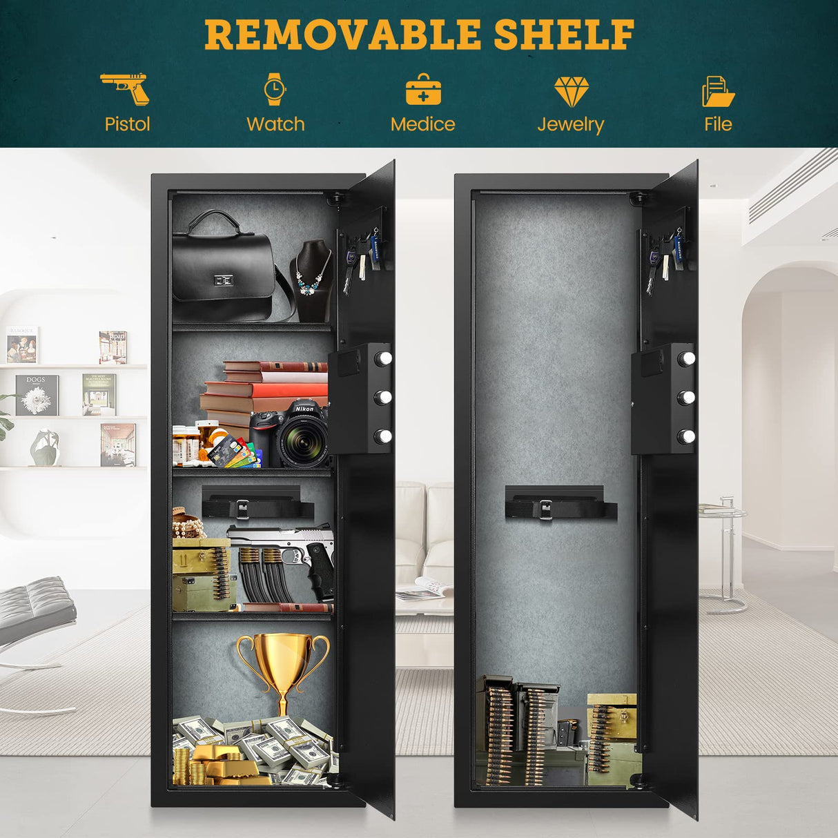 GHJGAGE 43.5" Tall Fireproof Wall Safe Between Stud, Heavy Duty Flush In Wall Safe With Digital Keypad & Removable Shelf, Hidden Gun Safe, Security Home Wall Safes For Storage Firearms Money Medicine GHJGAGE