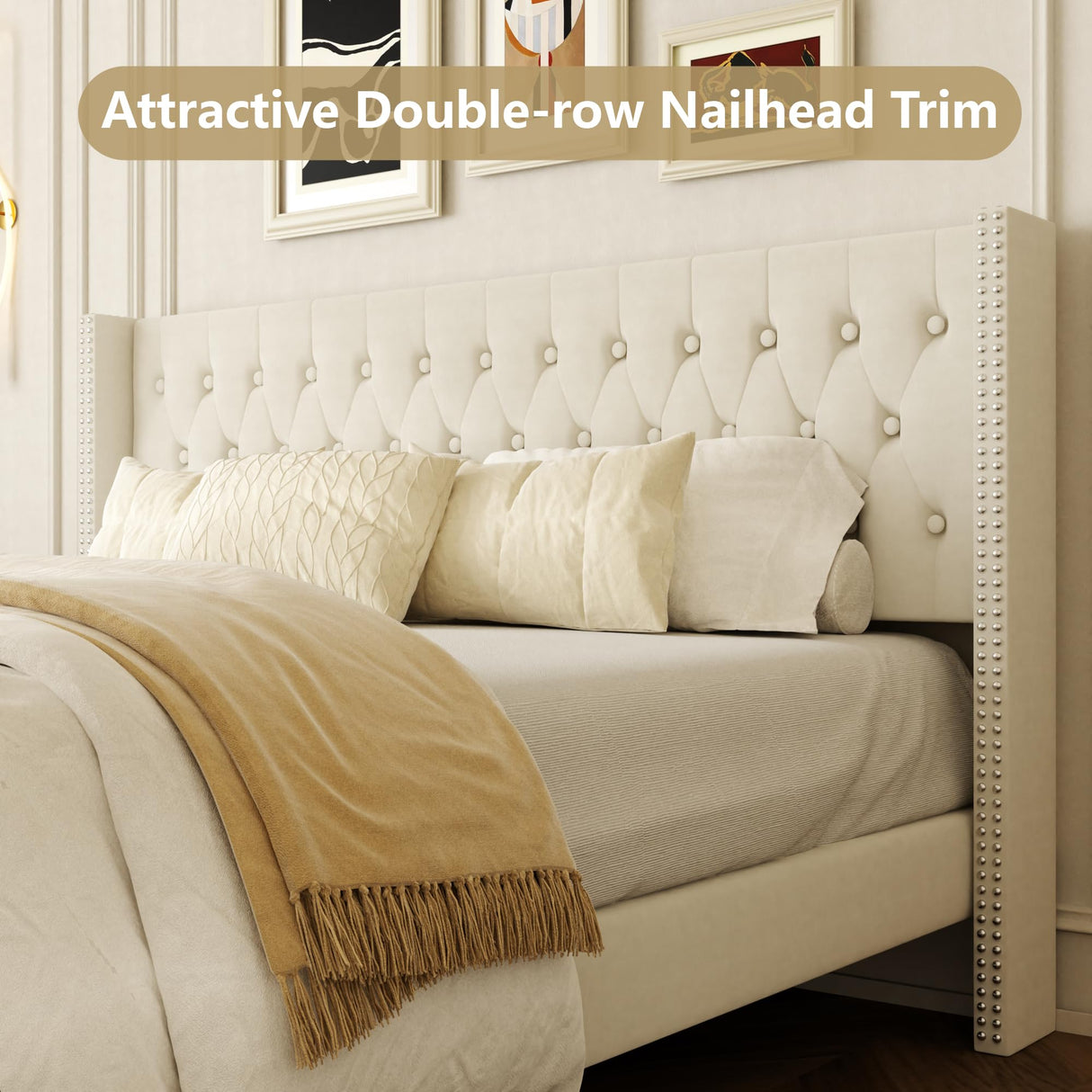 King Size Bed Frame, Upholstered Platform Bed with Wingback Headboard, Velvet Button Tufted, Easy Assembly, No Box Spring Needed, Beige HAOARA