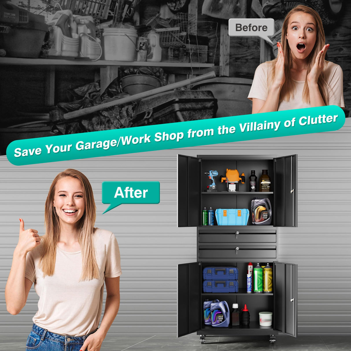 Metal Storage Cabinet with Wheels and Drawers,Rolling Garage Storage Cabinet with Locking Doors and Adjustable Shelves,73" Mobile Tall Large Metal Tool Cabinets with Locks for Home,Office,Garage SISESOL