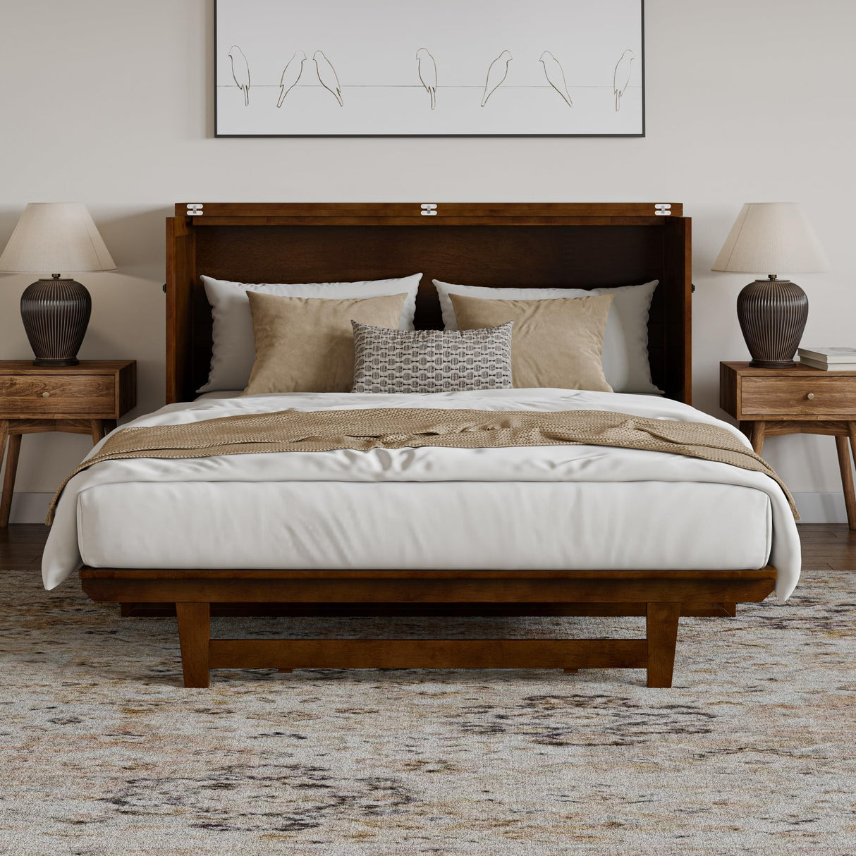 AFI, Tucson Queen Wood Murphy Bed Chest with 6" Mattress, Storage Drawer & Built-in USB Charger, Walnut AFI