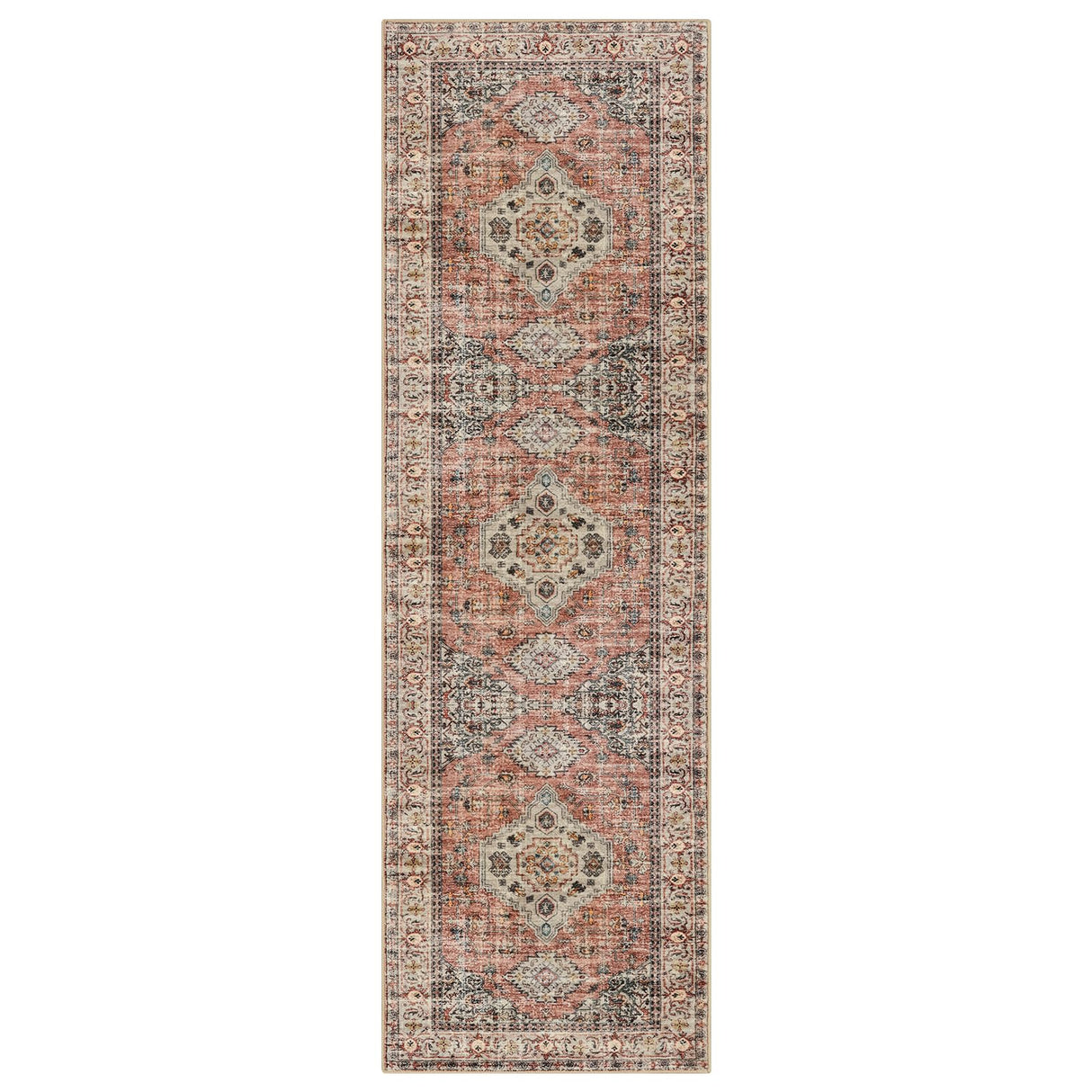 Lahome Oriental Hallway Runner Rug, 2.5x8 Kitchen Runner Non Slip Ultra-Thin, Soft Washable Hallway Rug Distressed Non Shedding Long Carpet for Entryway Laundry Room Bathroom, Peach/Orange Lahome