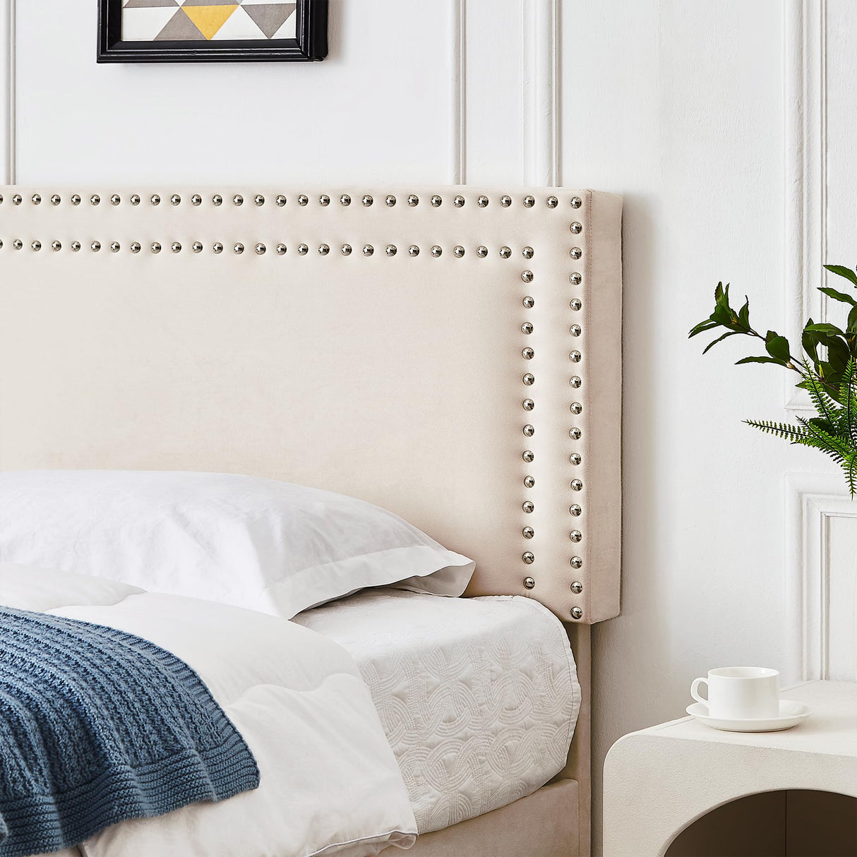 VECELO Twin Size Platform Bed Frame with Adjustable Upholstered Headboard, Nailhead Decor, Strong Wood Slat Support, No Box Spring Needed, Easy Assembly VECELO