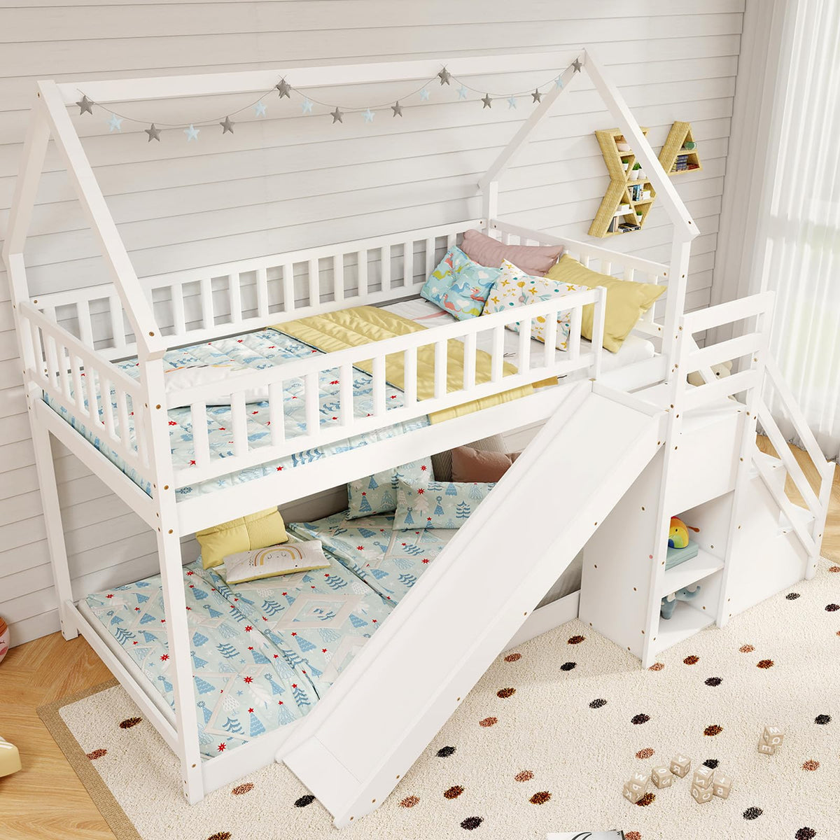 Giantex House Bunk Bed Twin Over Twin with Slide & Stairs, Wood Bunk B ...