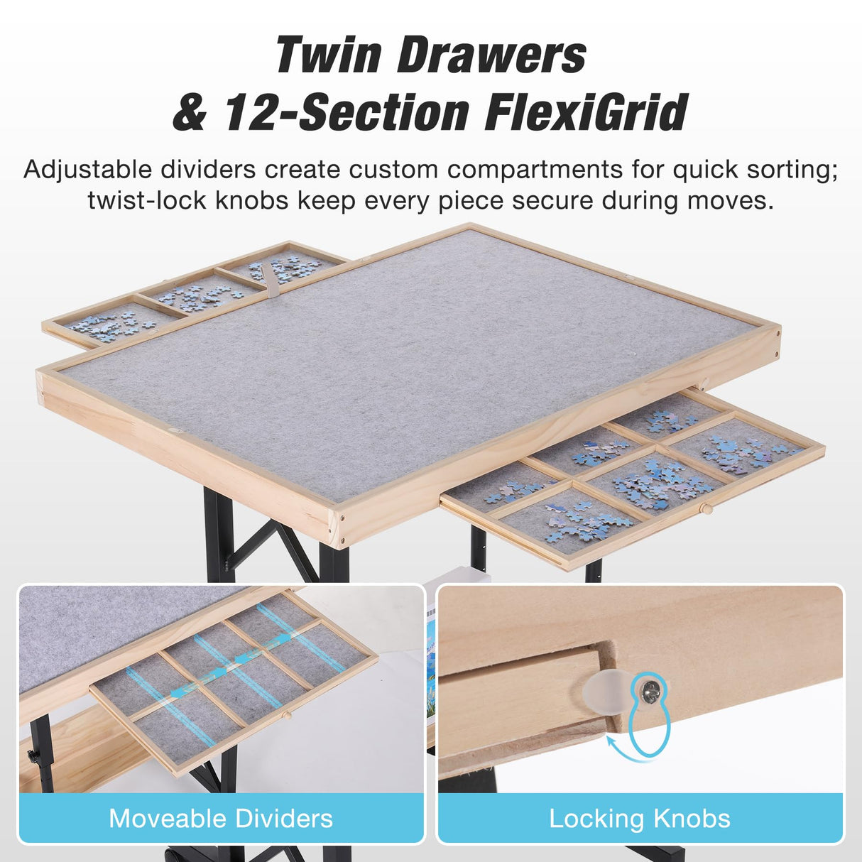 FUNTOK 1500 Piece Jigsaw Puzzle Table with Legs for Adults, Portable Wooden Puzzle Tables with Wheels, Drawers, Adjustable Height with Scales, 5-Tilting-Angle, Transparent Cover, Non-Slip Felt Surface FUNTOK