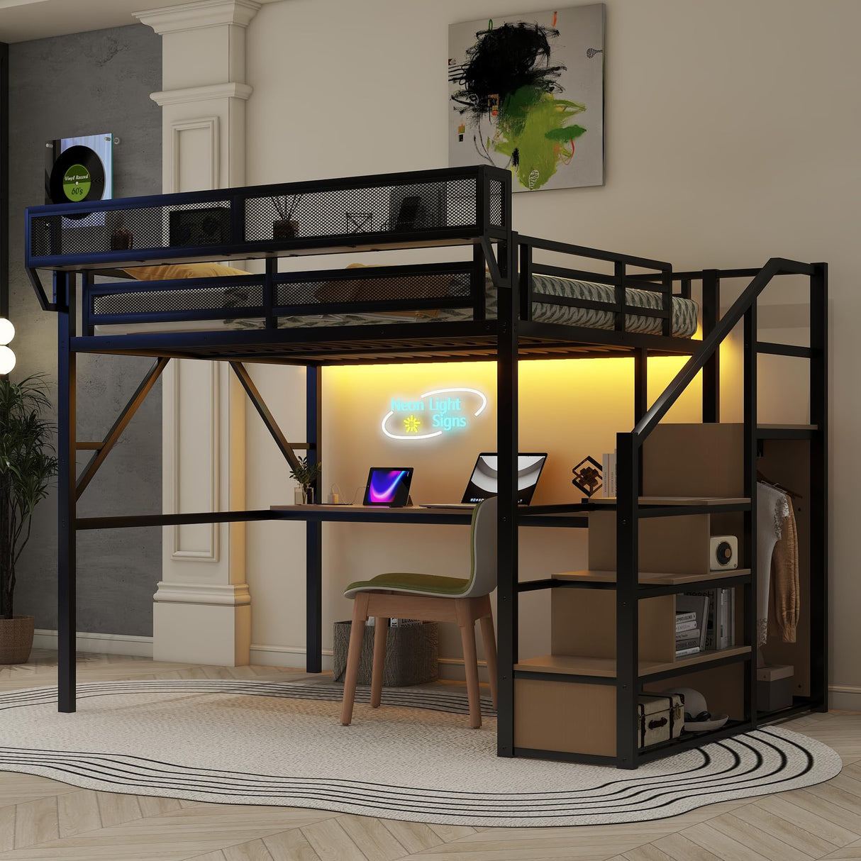 KEIKI Queen Loft Bed with Desk, USB Charging Station, Stairs, and Built-in Storage Shelves for Kids & Teens, Black KEIKI