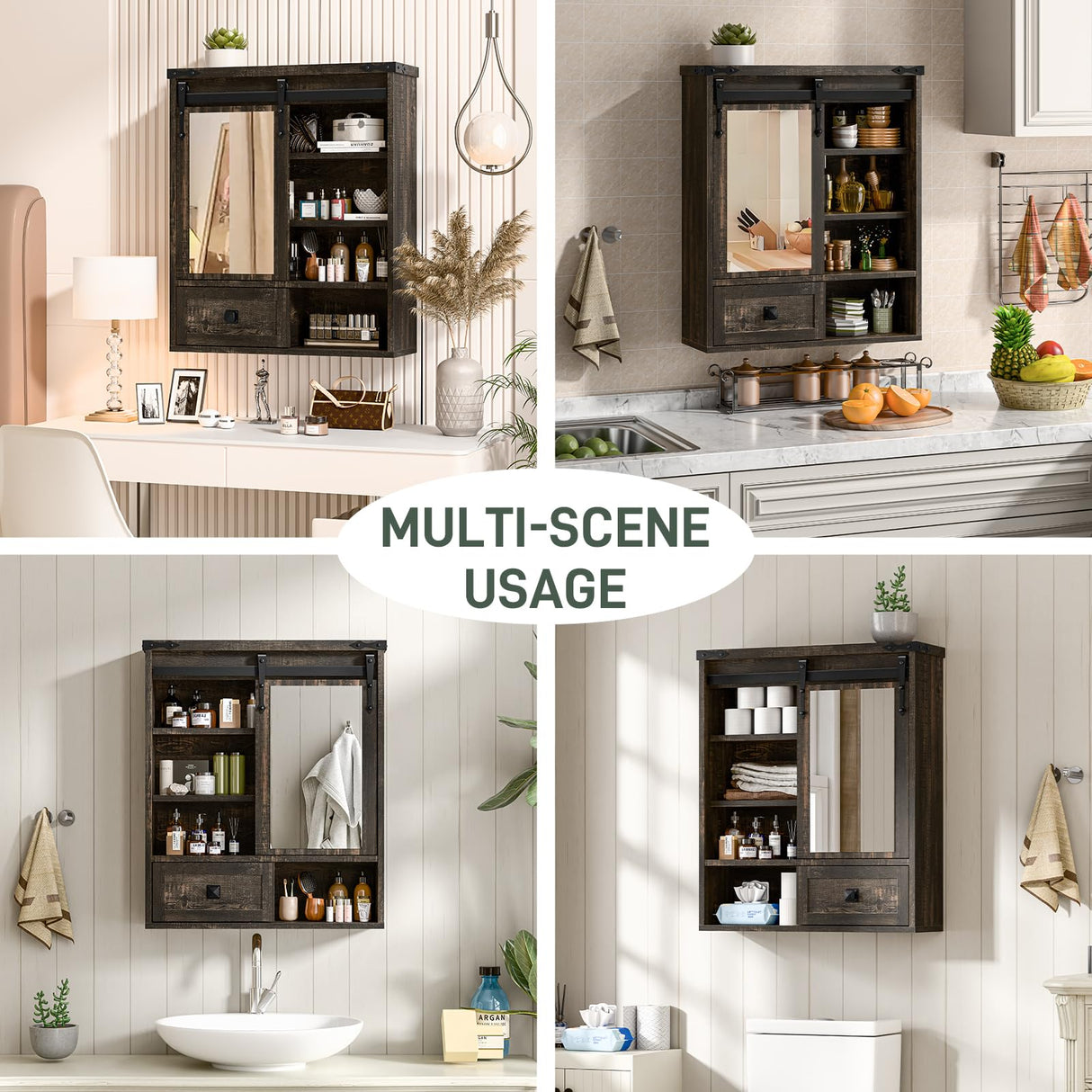Bathroom Wall Cabinet, Farmhouse Medicine Cabinet with Sliding Mirror Door and Adjustable Shelves, Over The Toilet Space Saver Storage Cabinet with Towels Bar, Wall Mounted Cupboard Vabches
