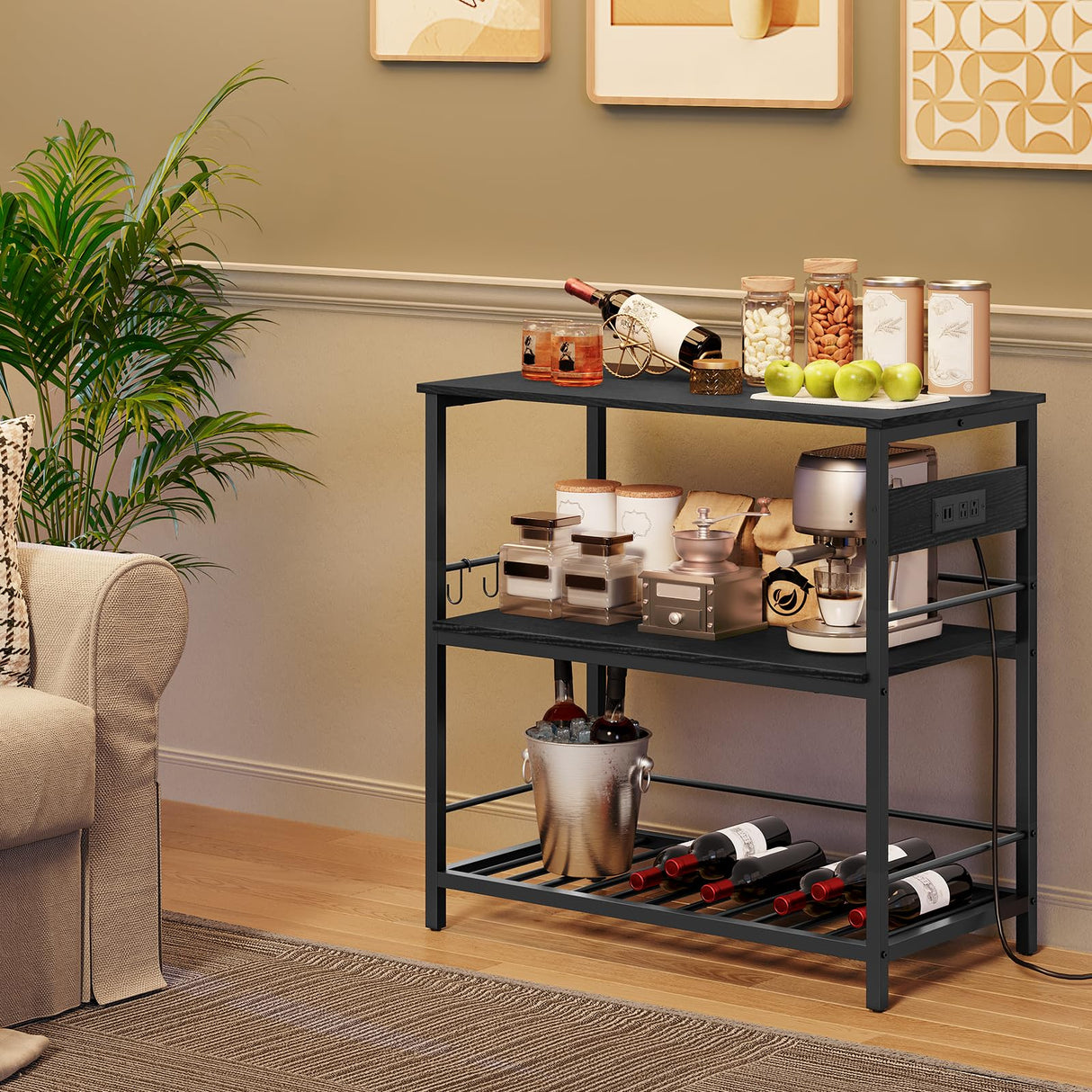 HOOBRO Kitchen Island with Storage, Kitchen Island Table with Power Outlet, 35.4" L 3 Tier Coffee Station and Microwave Stand, for Home, Kitchen and Dining Room, Black BB021ZD01 HOOBRO