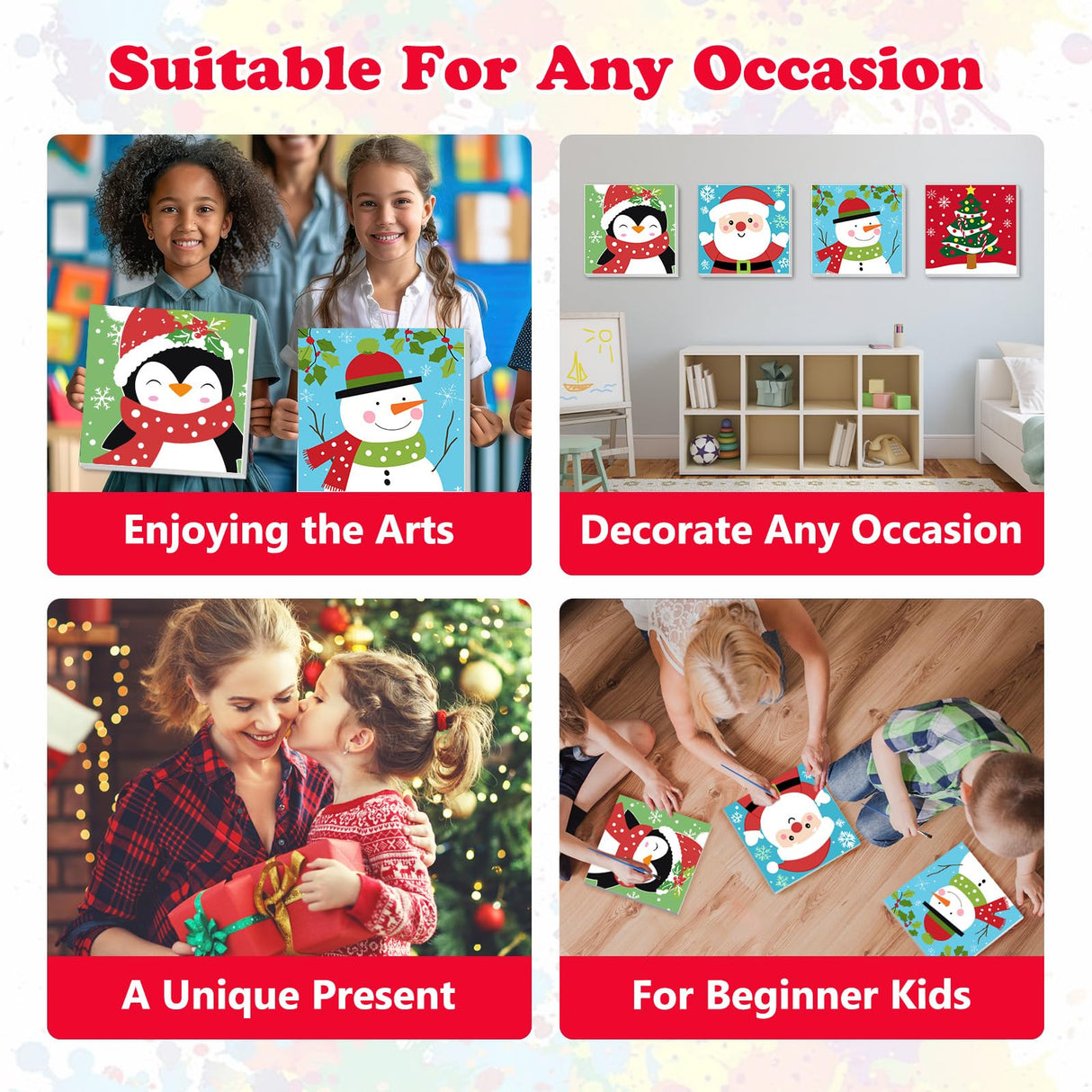 MEIYUDA Framed 4Pack Christmas Paint by Number Kit for Kids, Santa Claus and Snowman Paint by Numbers for Kids Age 4-8-12, Children DIY Acrylic Oil Painting for Home Wall Decor 8x8in MEIYUDA