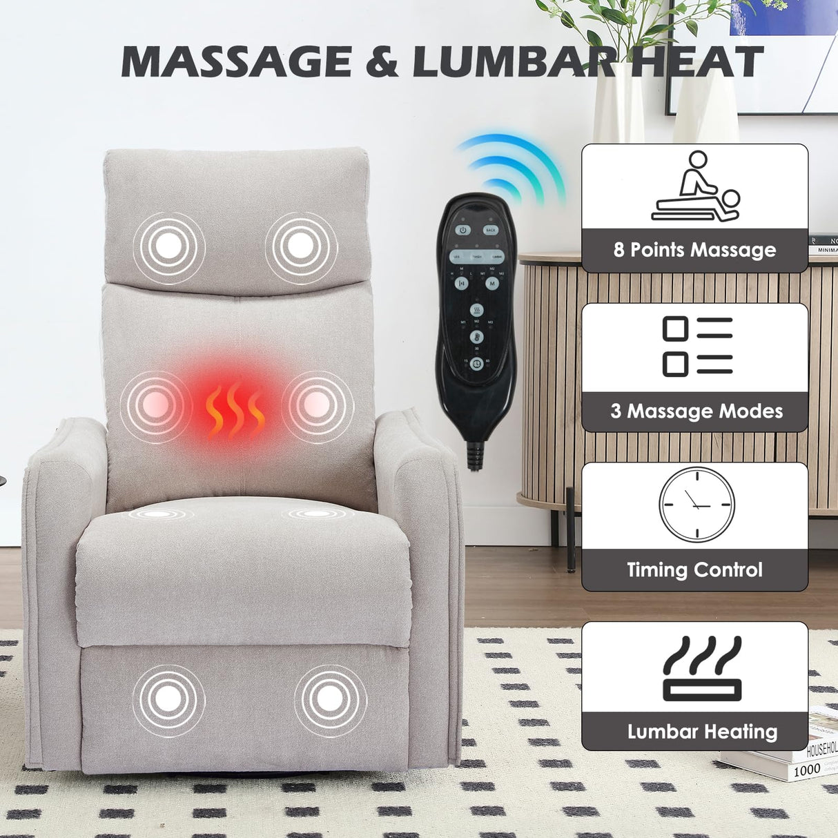 Trustyue Swivel Rocker Recliner Chair, 360° Swivel Recliner with Heat and Massage, Rocker Recliner Nursery Glider Chair with Side Pockets for Living Room (Beige, Fabric) Trustyue