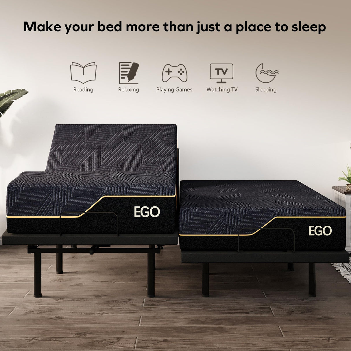 EGOHOME Split King Adjustable Bed Frame and 14" Memory Foam Mattress, Independent Head and Foot Incline Electric Bed with Massage, Wireless Remote, Zero Gravity, LED Lights, USB Ports, Adjustable Legs EGOHOME