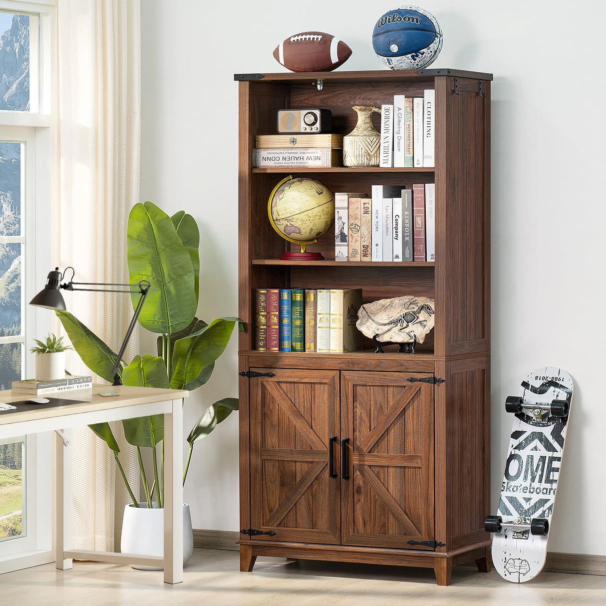 Joaxswe 70in Tall Bookshelf 5 Tier Bookcase with Barn Doors and Adjustable Shelves, Brown Farmhouse Book Shelf with Storage Cabinet, Wood Freestanding Display Bookshelves for Bedroom, Living Room Joaxswe