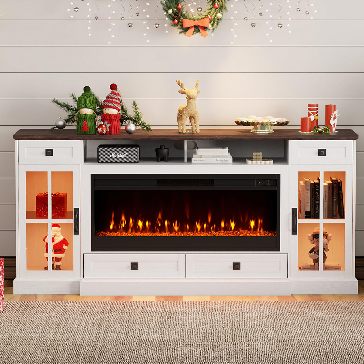 YUMPIE Farmhouse Fireplace TV Stand for TVs up to 80", 70 Inch Large TV Stand with Lighting Glass Door Cabinets/Drawers/Adjustable Shelves, Entertainment Center with 43" Electric Fireplace, White YUMPIE
