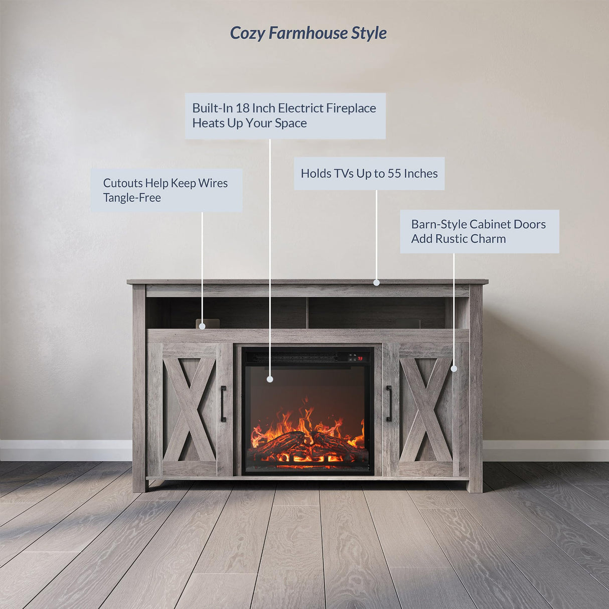 BELLEZE Modern 48" Barn Door Wood TV Stand with 18" Electric Fireplace Heater & Media Entertainment Center Console Table for TV up to 50" with Two Open Shelves and Cabinets - Corin (Grey Wash) BELLEZE