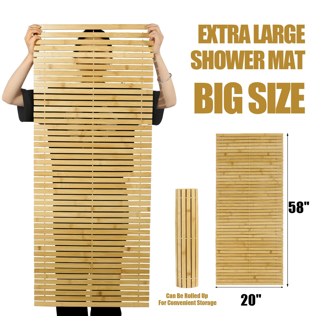 HOMBYS 58x20 Extra Large 100% Bamboo Shower Mat for Shower Stall Tub, Non Slip Long Bath Mat Runner Bathroom Accessories, Quick Drying Mats for Shower HOMBYS