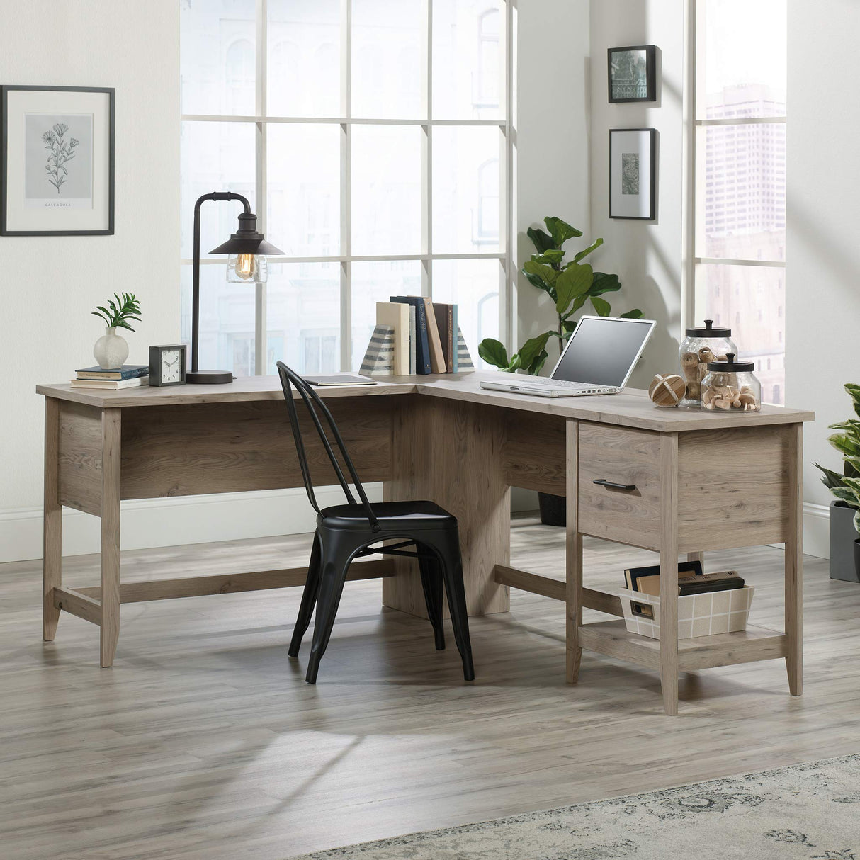 Sauder Summit Station L-Desk, L: 58.66" x W: 66.46" x H: 29.02", Laurel Oak finish Sauder