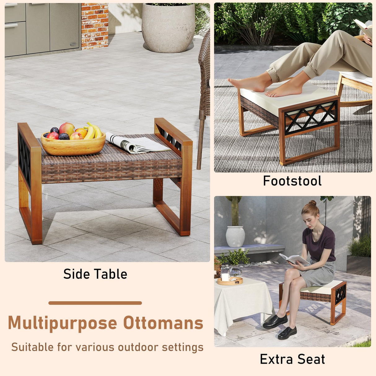 RELAX4LIFE Wicker Outdoor Ottomans for Patio - Set of 2 Rattan Outside Footstool w/Removable Cushion, Wood & Metal Frame, 3-in-1 Foot Rest, Extra Seating & Side Tables for Porch Backyard Poolside RELAX4LIFE