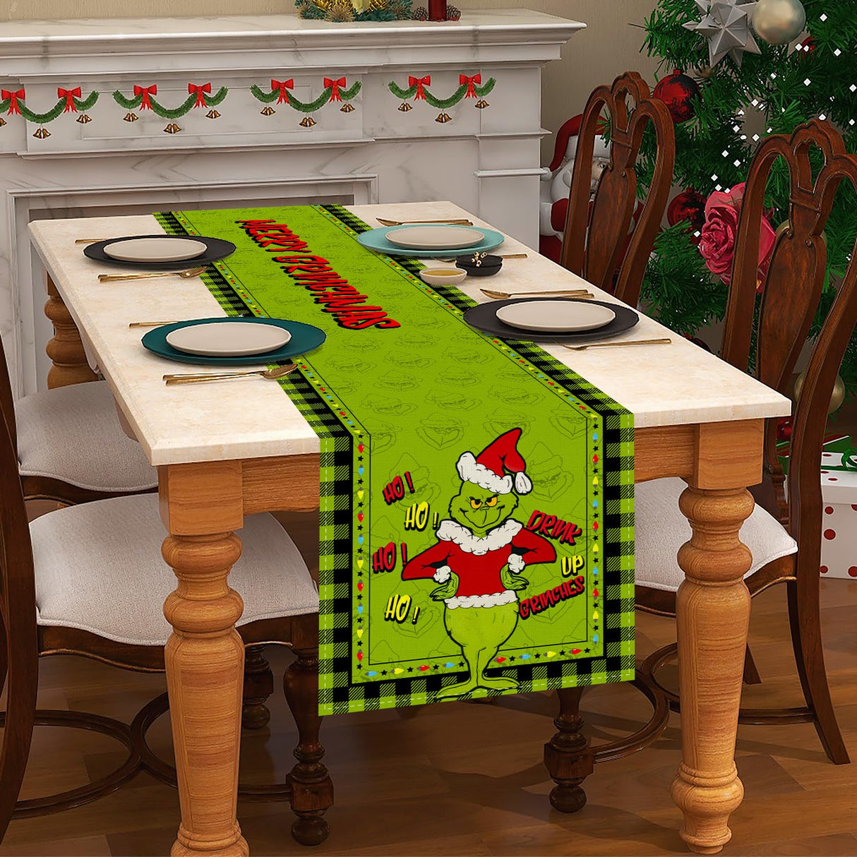 Linen Green Christmas Table Runner Merry Christmas Tablecloth Christmas Xmas Winter Holiday Home Kitchen Dining Room Table Decorations 13x72 Inch FARMNALL