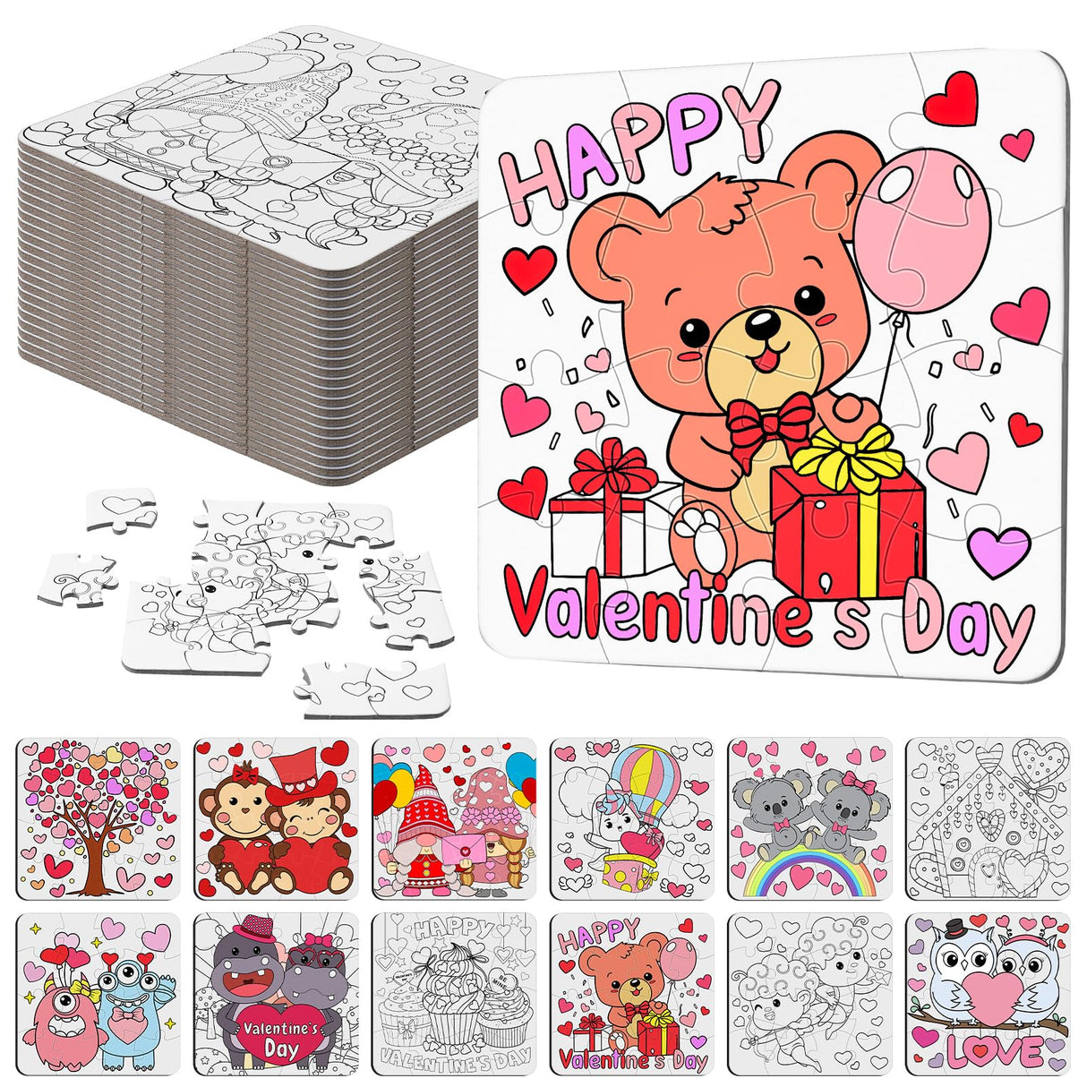Realspring 24 Pack Color Your Own Valentine's Day Jigsaw Puzzles for Kids Coloring DIY Valentine Day Puzzle Paper Party Favors Gift Valentines Classroom Activities Educational Puzzles Jigsaw Game Toy Realspring