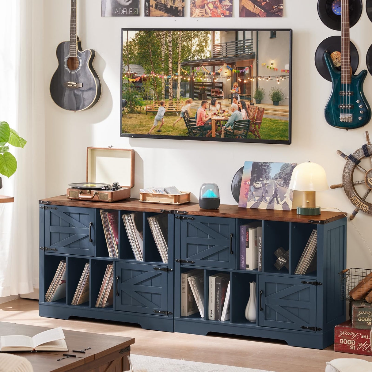 Joaxswe Large Record Player Stand with Vinyl Storage Up to 450 Albums, 39 Inch Farmhouse Wood Navy Blue Vinyl Records Storage Cabinet with Barn Doors, Mid-Century Turntable Stand for Living Room Joaxswe