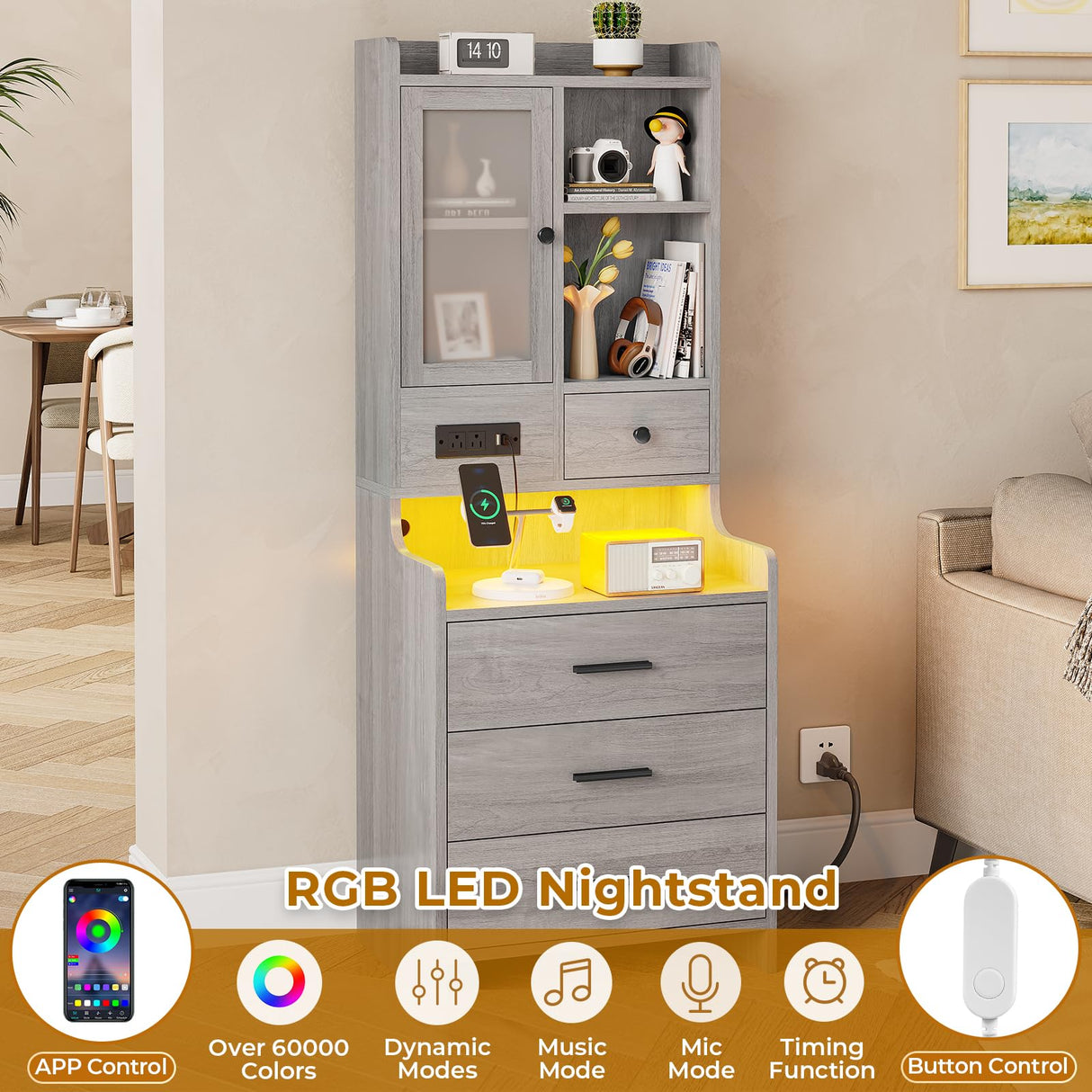 BTHFST Grey Nightstand Set of 2, LED Night Stand Set 2 with Charging Station, Tall Bedside Table with Bookshelf & Drawers, End Side Table with Lights & Storage BTHFST