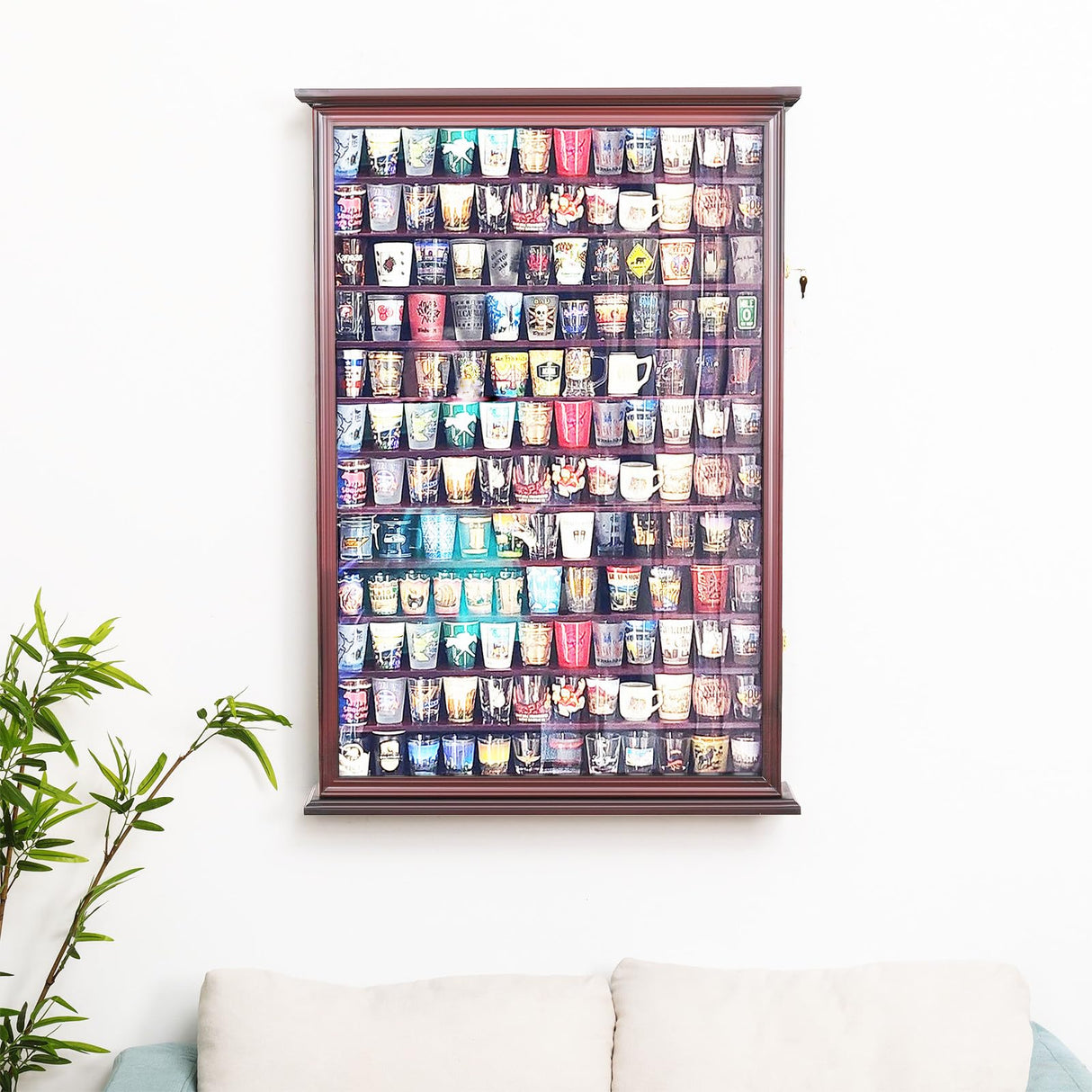 144 Shot Glass Display Case - Large Wall-Mounted Shadow Box with UV Protection, Perfect for Home Decor | Wall-Mounted Cabinet Curio Shadow Box for Action Figures Small Figurines Rack Lockable Door ARRAWIS