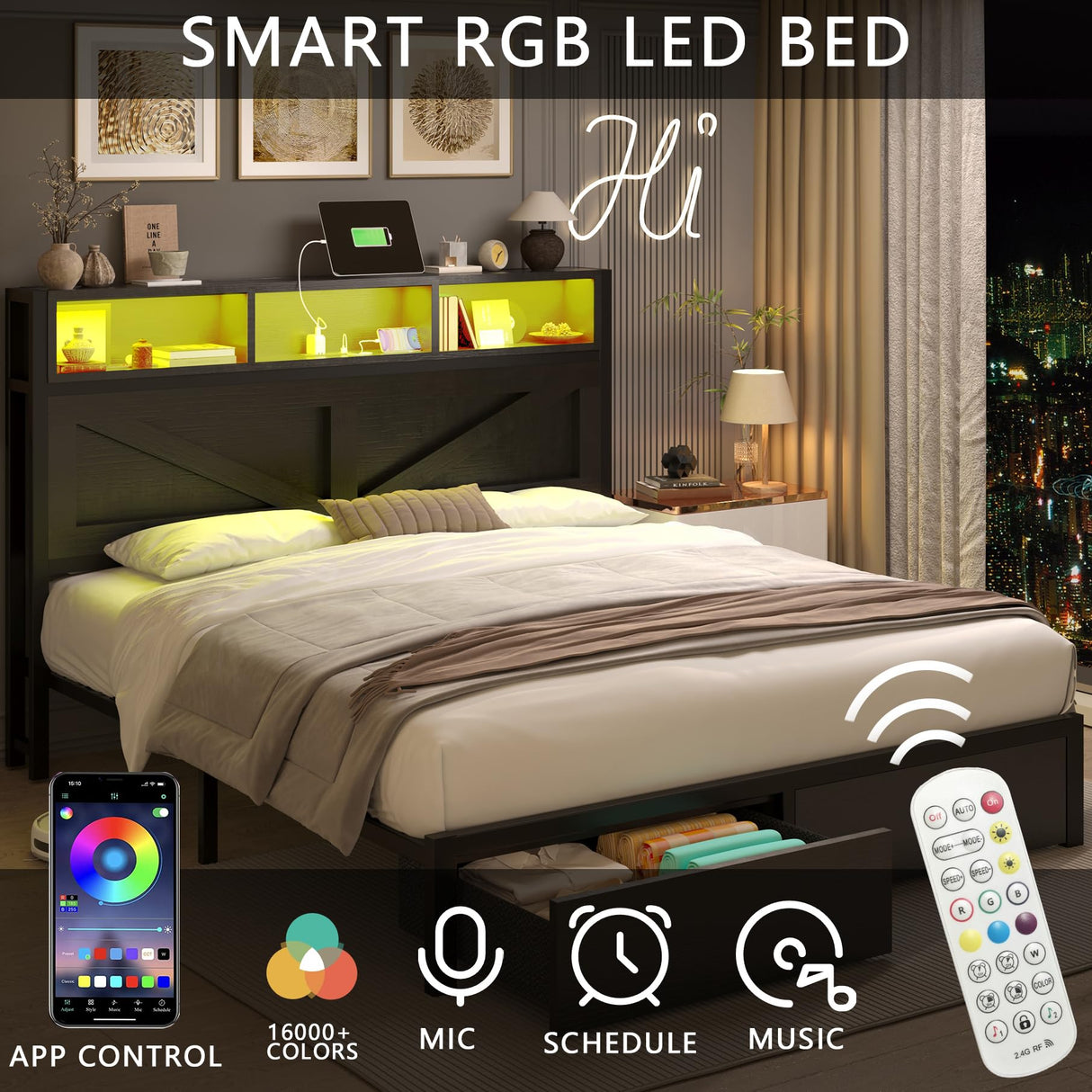 Farmhouse Queen Bed Frame with Bookcase Headboard and Storage Drawers, LED Lights and Charging Station, No Box Spring Needed, Noise Free, Black Fastroby