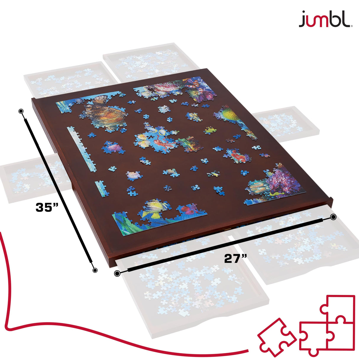 Jumbl 1500-Piece Puzzle Board w/Cover | 27” x 35” Jigsaw Puzzle Table w/ 6 Removable Storage & Sorting Drawers | Smooth Plateau Fiberboard Work Surface & Reinforced Hardwood | for Games & Puzzles Jumbl