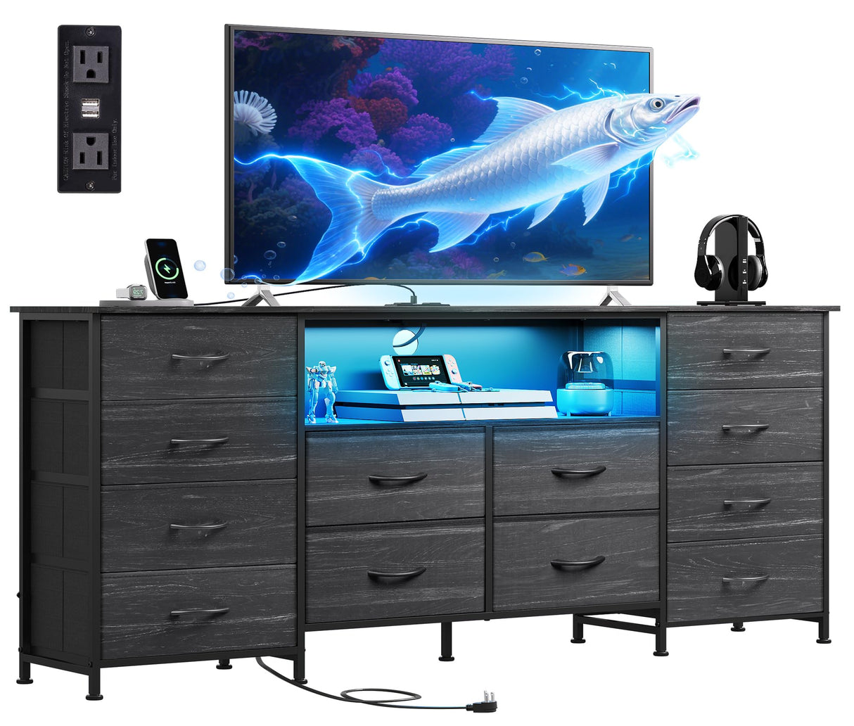 WLIVE 12 Drawer Dresser for Bedroom, Black Dresser TV Stand for 65, 70, 75 inch TV with Led Light & Charging Station, Wide Chest of Drawers with Open Shelves, Fabric Dressers for Closet, Living Room WLIVE