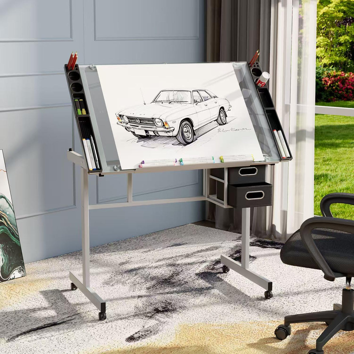OS MOTOR Adjustable Drafting Table with Glass Top, Art Craft Desk with Slide-Out Drawers, Rolling Wheels, Storage, for Drawing, Writing, Painting, and Creative Tasks, Ideal for Home Office OS MOTOR