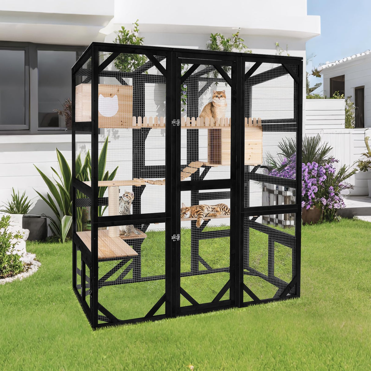 Nicedday Large Cat Catio Outdoor Window Enclosure 73" Wooden Cat House Attached to Window Catio for Cats Walk in Kitty Kennel with Large Enter Door 2 Napping Houses nicedday