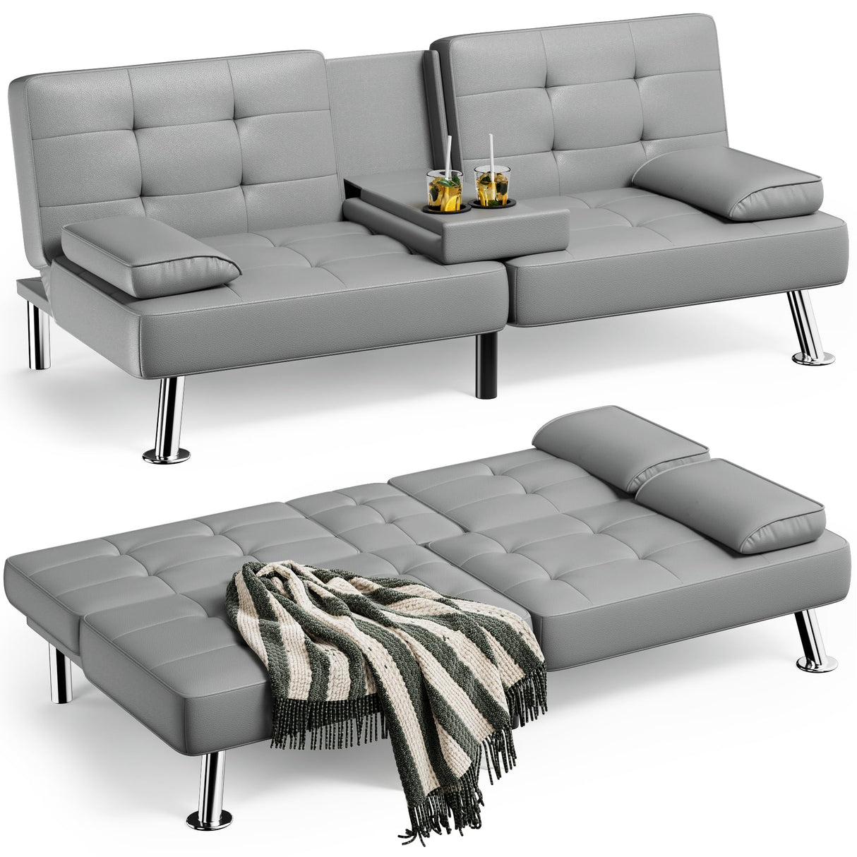 Homall Futon Sofa Bed, Leather Futon Couch with Removable Armrests, Adjustable Recliner Sleeper Sofa Bed with Dual Cup Holders for Living Room, Apartment, Office (Grey) Homall