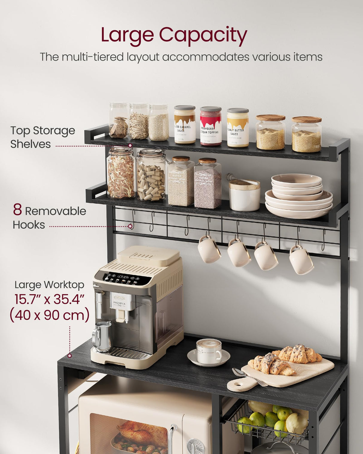 VASAGLE Bakers Rack with Power Outlet, 35.4 Inches Microwave Stand, Coffee Bar, 4 AC Outlets, with Adjustable Shelves, 8 S-Hooks, Basket, Spice Racks, Charcoal Gray and Ink Black UKKS031B22 VASAGLE