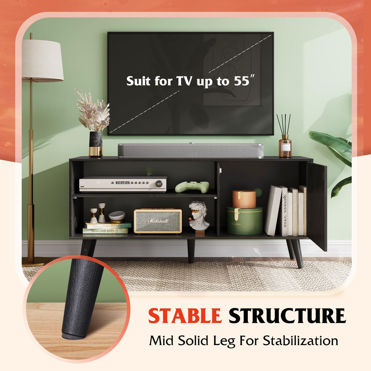 WLIVE TV Stand for 55 Inch TVs, Entertainment Center with Storage Cabinet, Mid-Century TV Stands for Living Room and Bedroom, 50" TV Console, Black WLIVE