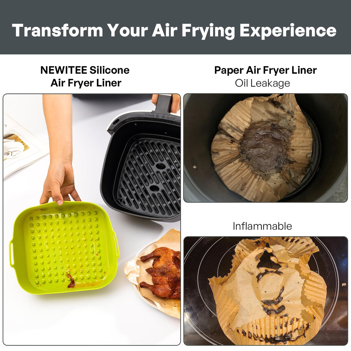 NEWITEE Air Fryer Silicone Liners 5 Qt For Ninja* AF141/AF181/COSORI*, 2 Pack BPA Free Platinum Air Fryer Basket Liners, Square Ninja Large Reusable Air Fryer Accessories Replacement for Parchment NEWITEE