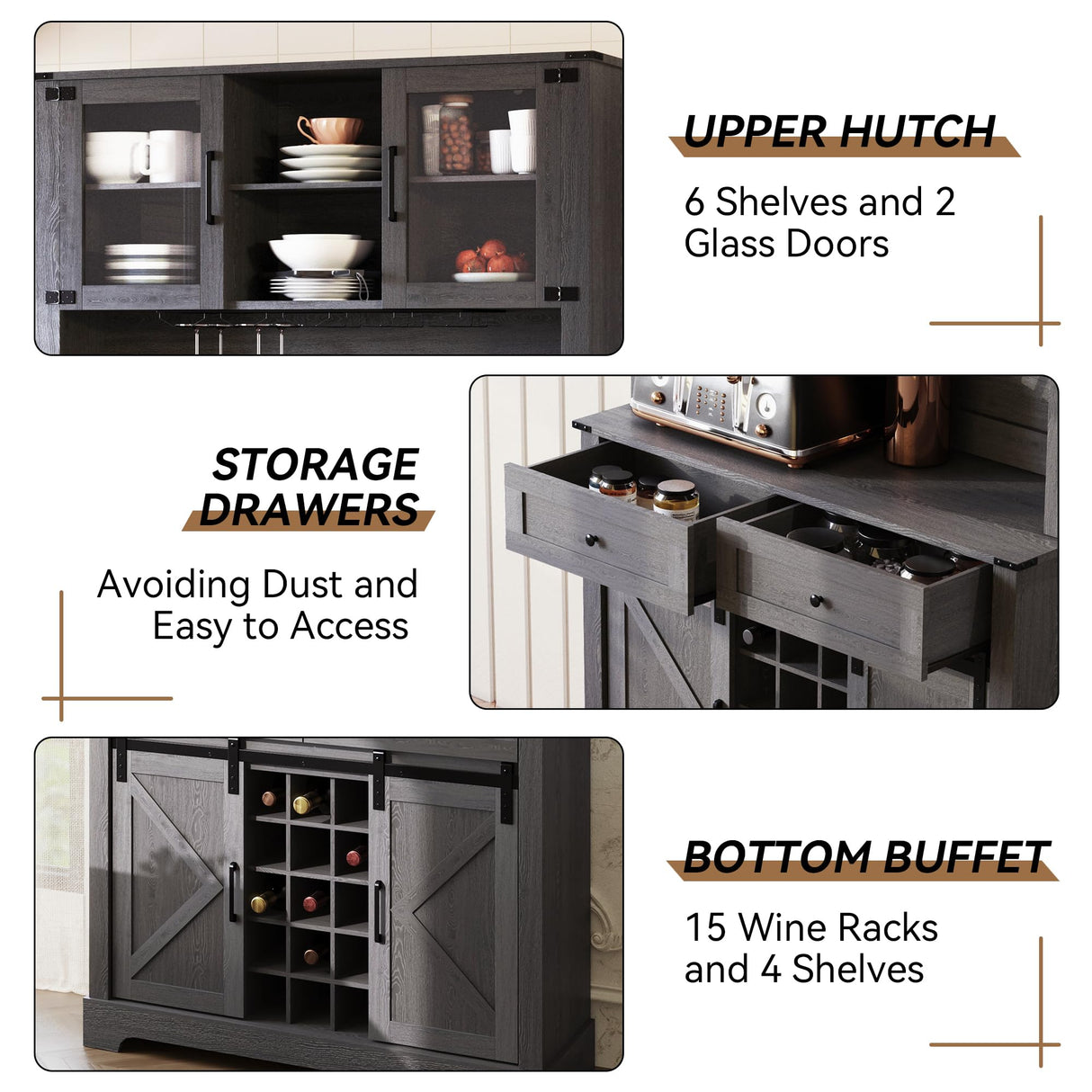 ARTPOWER Wine Bar Cabinet with Sliding Barn Door, 72" Hutch Cabinet with Wine&Glasses Rack, Tall Farmhouse Kitchen Pantry Buffet with Drawers for Dining Room, Gray ARTPOWER