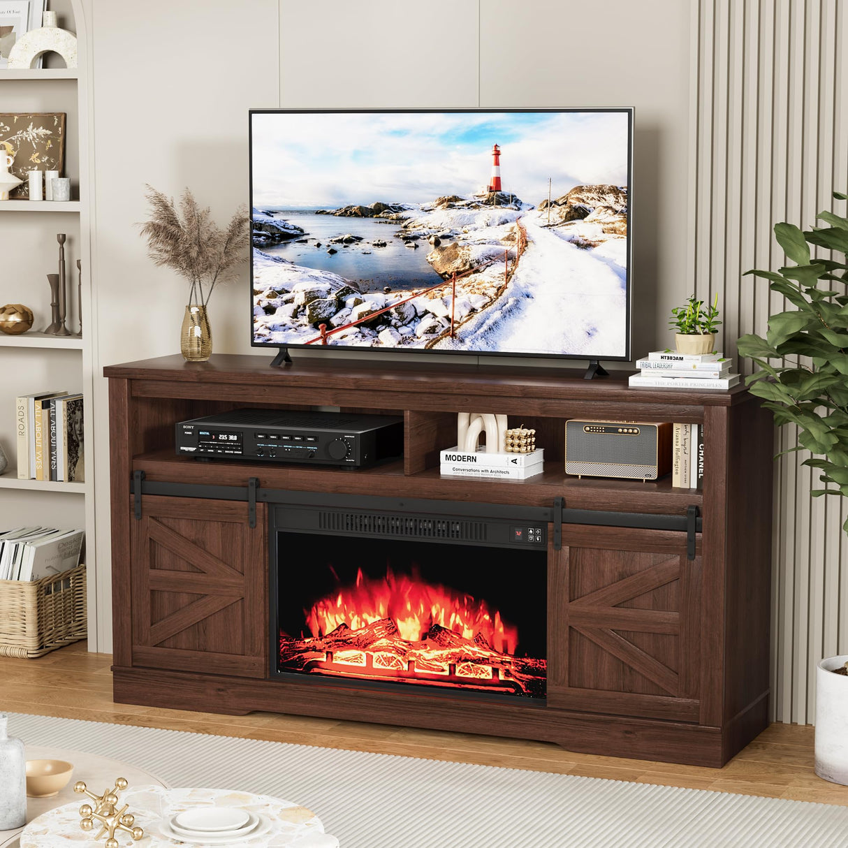 Furniwell Electric Fireplace TV Stand for TVs up to 65", Media Entertainment Center with 26” Fireplace, Farmhouse Console with Sliding Barn Door and Adjustable Storage Shelves for Living Room (Brown) Furniwell