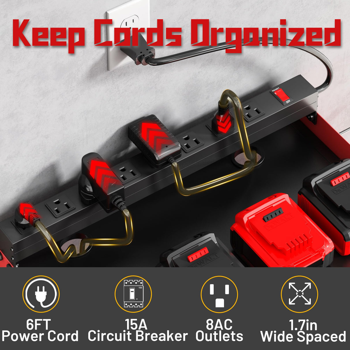 Wide Power Tool Organizer Wall Mount with Charging Station,3 Layer Adjustable Heavy Duty Tool Storage Rack 4 Drills with 8 Outlet Power Strip,Hooks,Screwdriver box,Garage Gifts for Fathers Day,Red CFMASTER