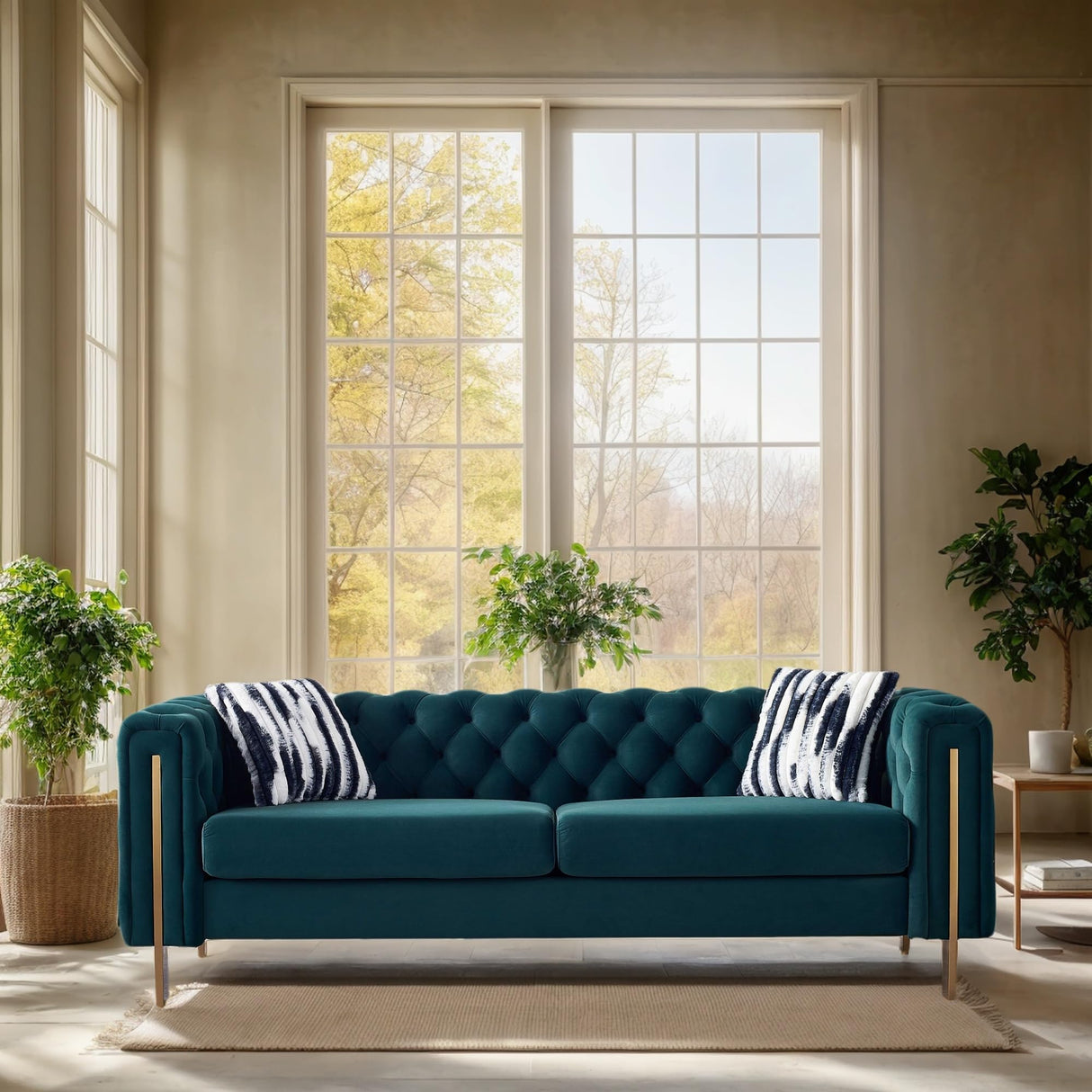 KEIKI 84" Chesterfield Velvet Tufted Button Sofa with Removable Cushions and 2 Toss Pillows, Modern 2-Seater Couch with 4 Gold Metal Legs, Easy Assembly, for Living Room, Bedroom, Office, Green KEIKI