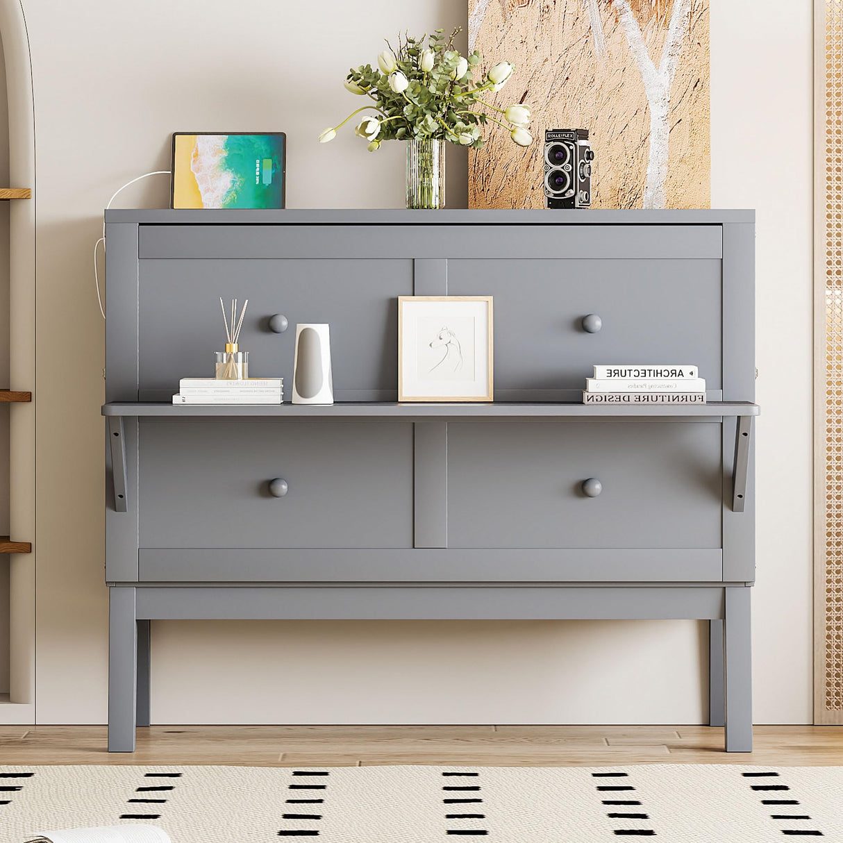 Merax Full Size Murphy Bed with USB Port and Removable Shelves on Each Side, Grey Merax