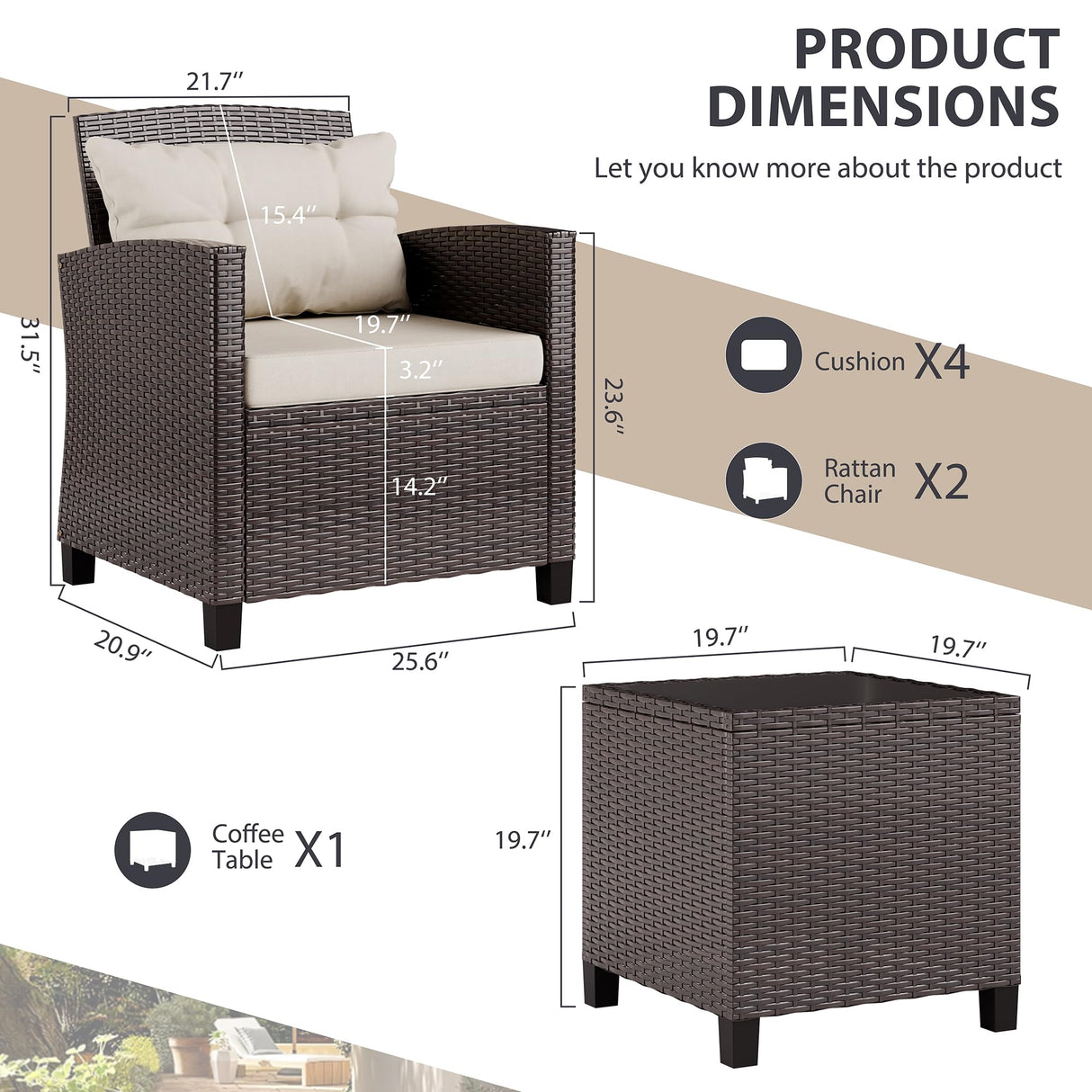 Vongrasig 3 Piece Patio Furniture Set Small Outdoor Wicker Rattan Front Porch Bistro Set Cushioned Patio Chairs Conversation Set with Glass Table for Lawn, Garden, Backyard, Balcony, Poolside (Beige) Vongrasig