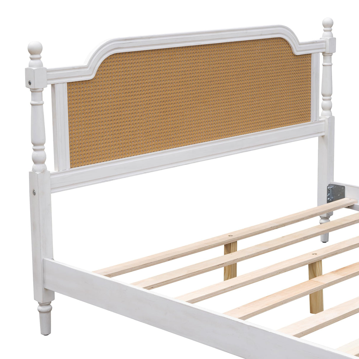 JOUUQZ Mid Century Style King Size Platform Bed with Rattan Headboard and Footboard,Solid Wood Foundation Bed Frame with Slat Wood Support,French Style,No Box Spring Needed (Antique White) JOUUQZ
