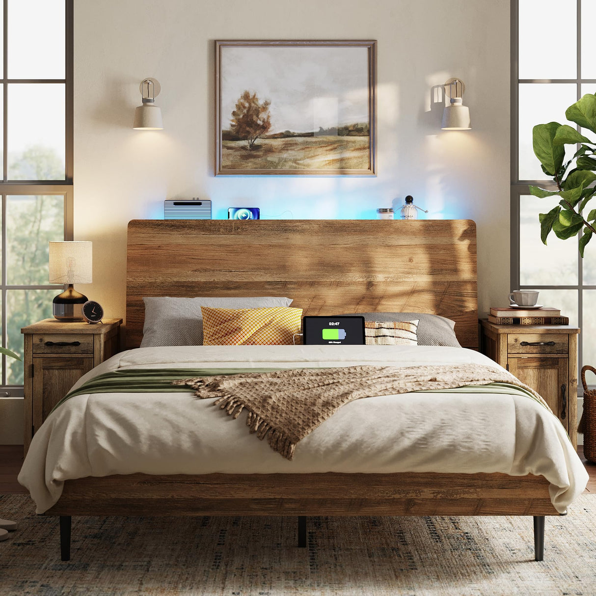 LINSY Full Size Bed Frame with Ergonomic Headboard, RGB Lights, Charging Station & Storage, Brown Farmhouse Design LINSY