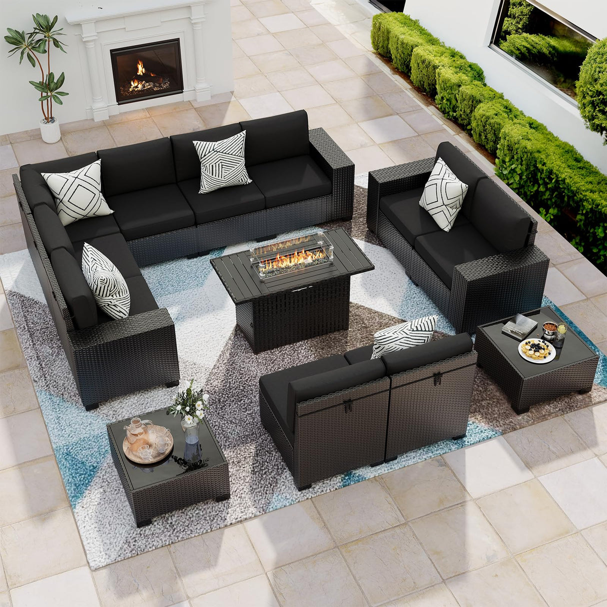 VONZOY 13 Piece Patio Furniture Set with Fire Pit Table, Outdoor Sectional Conversation Sets Black Wicker Rattan Sectional Sofa for Patio Garden Backyard, 4'' Thickened Cushion VONZOY