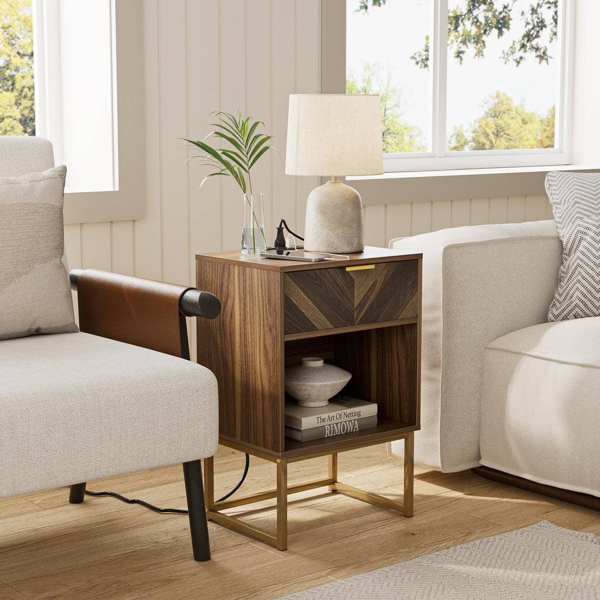 Masupu Nightstand with Charging Station,Modern Night Stand Boho Farmhouse Wood Bedside Table with Storage Drawer Side End Table for Bedroom,Living Room,Office,Walnut Brown with Outlet Masupu