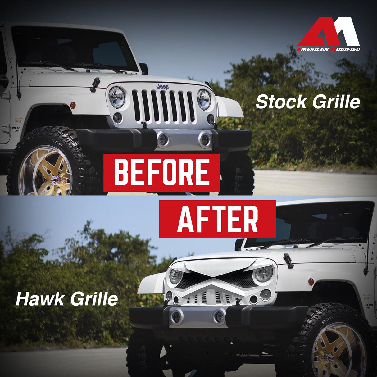 AMERICAN MODIFIED Hawke Front Grille Cover Compatible with Jeep Wrangler, JK/JKU, Rubicon, and Sahara Sport 2007 to 2018 Models, White AM AMERICAN MODIFIED