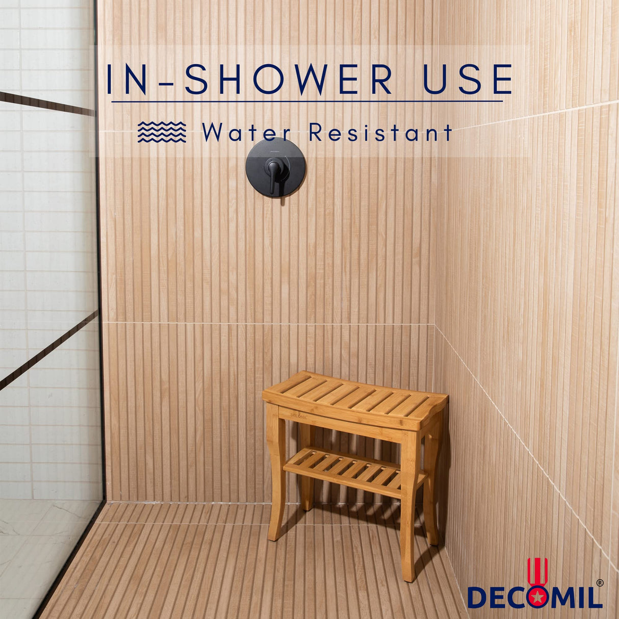 DECOMIL - Bamboo Shower Bench 19โ, Bathroom Shower Chair with Storage Shelf | Nonslip Feet & Waterproof Bathing Bench | Perfect for Indoor and Outdoor USe DECOMIL